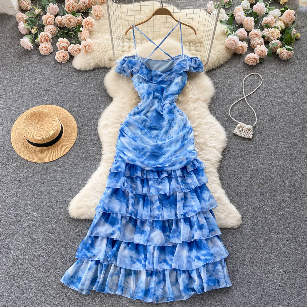 VAKKV Cute Spaghetti Straps Long Blue Floral Dress Women Holiday Dress P234