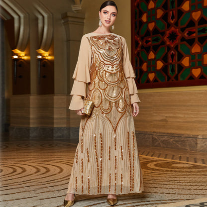 S009 gold multi-layer lotus leaf sleeve positioning sequined embroidered robe spot Amazon ins dress