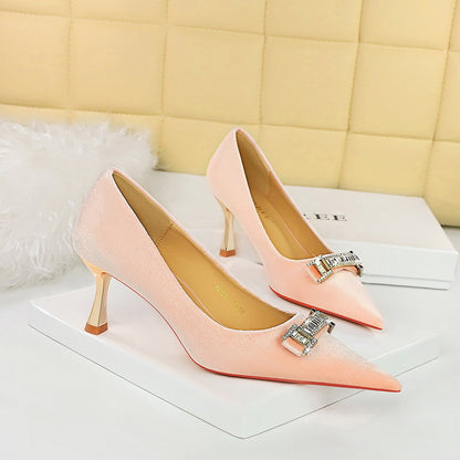 2025 1818-K80 banquet women's shoes high heels Xishi suede shallow mouth pointed rhinestone buckle metal decorative high heel single shoes