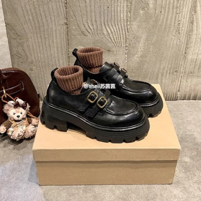 2025 Cowhide version~ Su Yinyin's same style has a height increase of 6cm, washed horse leather, small gold buckle, thick heel and thick sole, Loafu single shoes, women's leather shoes.