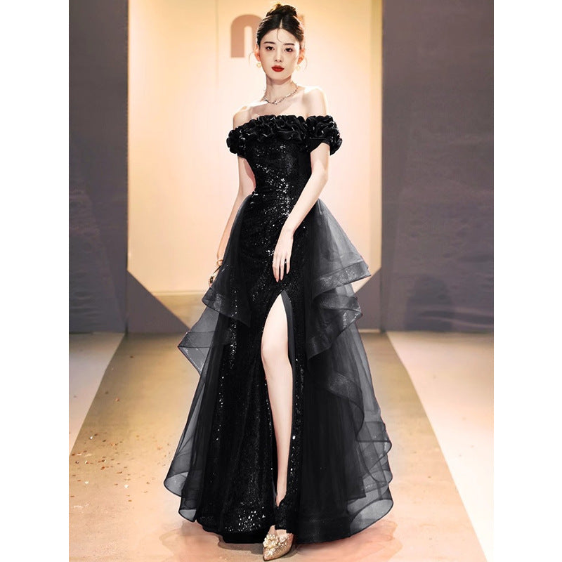 VAKKV Black off-Shoulder Evening Dress  New Light Luxury Sequined High Sense Banquet Host Art Exam Annual Meeting Dress
