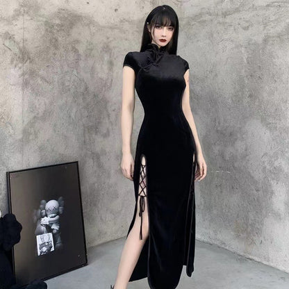 VAKKV  Retro Chinese Style Velvet Cheongsam Improved Dress New Chinese Style Split Tall Cool Chic Black Temperament Long Dress