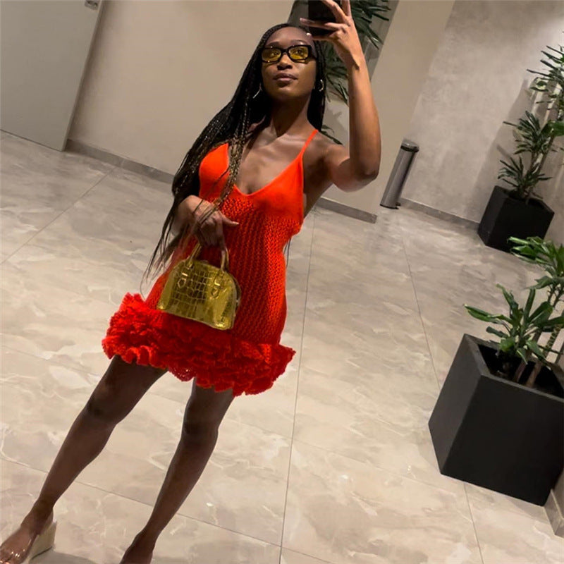 European and American Style 2024 Summer New Women's Sexy Hot Girl Strap Backless V-neck Low-Cut High Waist Bud Dress
