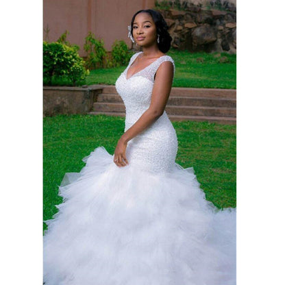 Light Luxury Beaded Bridal Wedding Dress V-neck Beaded Fishtail Dress White Ruffled Mesh Trailing Wedding Main Wedding Dress