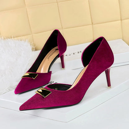 2025 1363-AK81  women's shoes thin heel high heel shallow mouth pointed side hollow metal decoration thickened suede single shoes