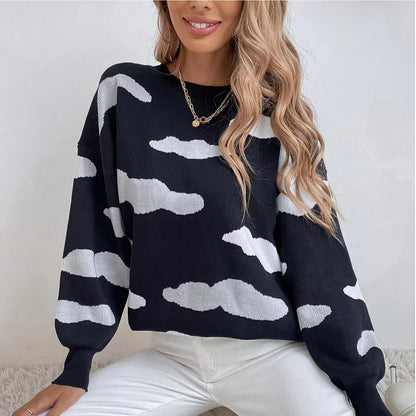New fashion women's clothing autumn and winter long-sleeved round neck black and white contrasting color jacquard loose women's sweater knitted sweater women