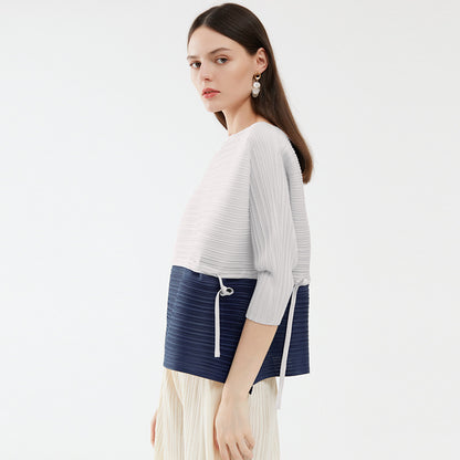 High-end splicing drawstring top, new spring spring loose contrasting color T-shirt, niche design women's clothing