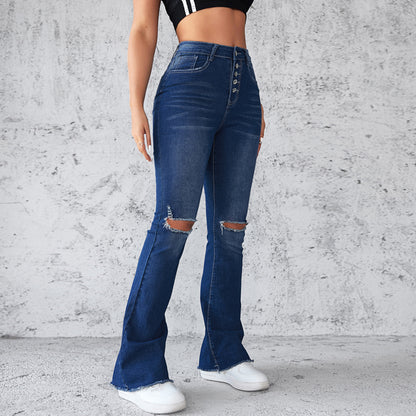 VAKKV Spring and summer Popular trade new ebay independent station wish amazon slim high waist high elastic hole denim trousers women