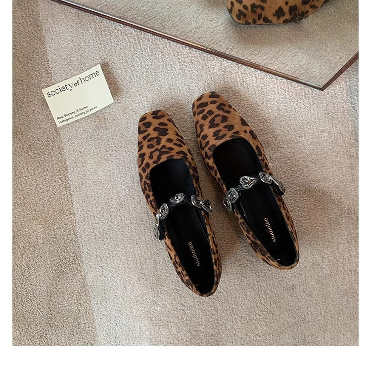 2025 Sheepskin version~ Retro single shoes women's niche design temperament square head shallow mouth leopard print Korean diamond belt Mary Jane shoes