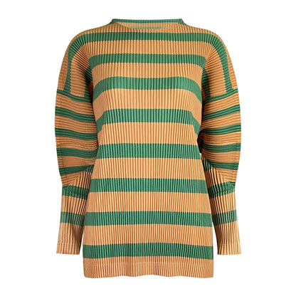 spring new Japanese crew neck striped sweater women's loose long-sleeved casual and thin pleated women's top