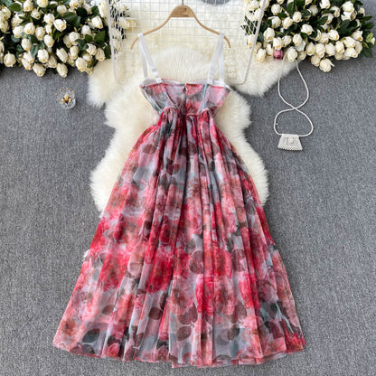 VAKKV Sexy Spaghetti Straps Pink Floral Dress Summer Women Holiday Dress P217