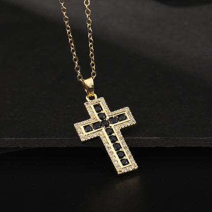 INS Vintage Gold Cross Necklace Personalized Pendant Zircon European and American Style Necklace Special-Interest Design Titanium Steel Clavicle Chain