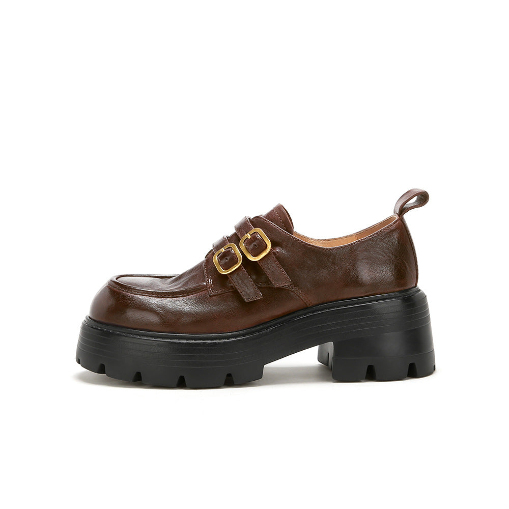 2025 Cowhide version~ Su Yinyin's same style has a height increase of 6cm, washed horse leather, small gold buckle, thick heel and thick sole, Loafu single shoes, women's leather shoes.