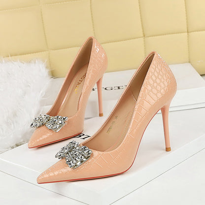2025 3391-K51  thin banquet high heels, thin heel, super high heel, shallow mouth, pointed rhinestone bow buckle single shoes