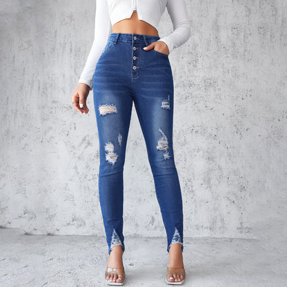 VAKKV 2025 New high-waisted tight jeans women's popular spring slim-fitting blue breasted small-footed pants pencil pants