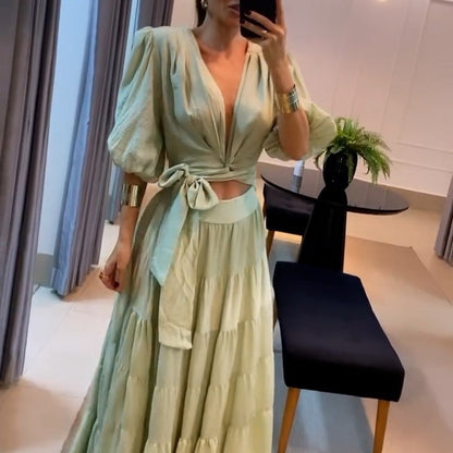 VAKKV  Summer New European and American  Foreign Trade Ins Same Style Lace See-through Hollow out  Hot Girl Dress
