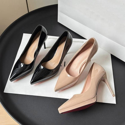 2025  Nude high heels women's spring 2025 catwalk model patent leather waterproof table sexy temperament thin heels single shoes etiquette shoes