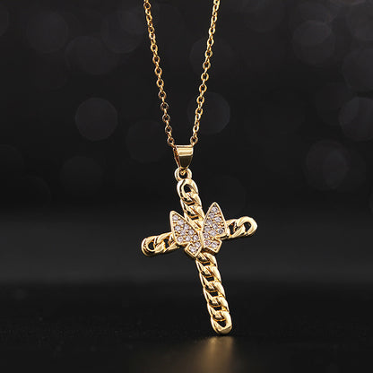 INS Vintage Gold Cross Necklace Personalized Pendant Zircon European and American Style Necklace Special-Interest Design Titanium Steel Clavicle Chain