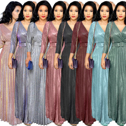 2025 spring New Popularan, 2025n and African women's fashion long-sleeved bronzing pleated pendulum skirt with belt bright pink dress