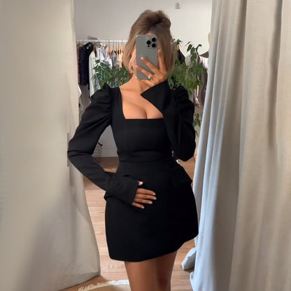 VAKKV 2025 Autumn and winter popular  style women's clothing new fashion temperament elegant slim square neck long sleeve short dress women