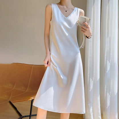 24 New High end Acetic Acid Sling Skirt Women's Long Off Shoulder Satin Sling Dress Mid length Summer Women's Outwear