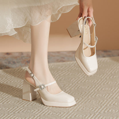Mary Jane Low-Cut Shoes Chunky Heel Pumps Women's  Retro Ankle-Strap High Heel Sandals Dignified Rhinestone High Heels Women