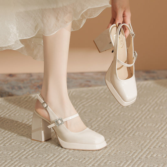 Mary Jane Low-Cut Shoes Chunky Heel Pumps Women's  Retro Ankle-Strap High Heel Sandals Dignified Rhinestone High Heels Women