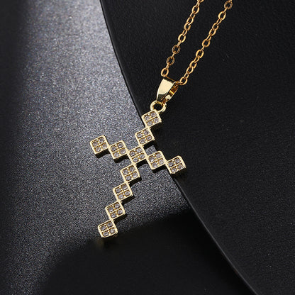 INS Vintage Gold Cross Necklace Personalized Pendant Zircon European and American Style Necklace Special-Interest Design Titanium Steel Clavicle Chain