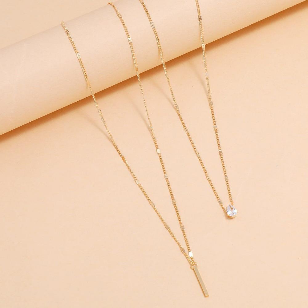 C096 HOT and NEW Cross Border Ornament Elegant Drop-Shaped Rhinestone Pendant Clavicle Chain Simple Long Stick Necklace Double Layer Twin