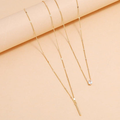 C096 HOT and NEW Cross Border Ornament Elegant Drop-Shaped Rhinestone Pendant Clavicle Chain Simple Long Stick Necklace Double Layer Twin