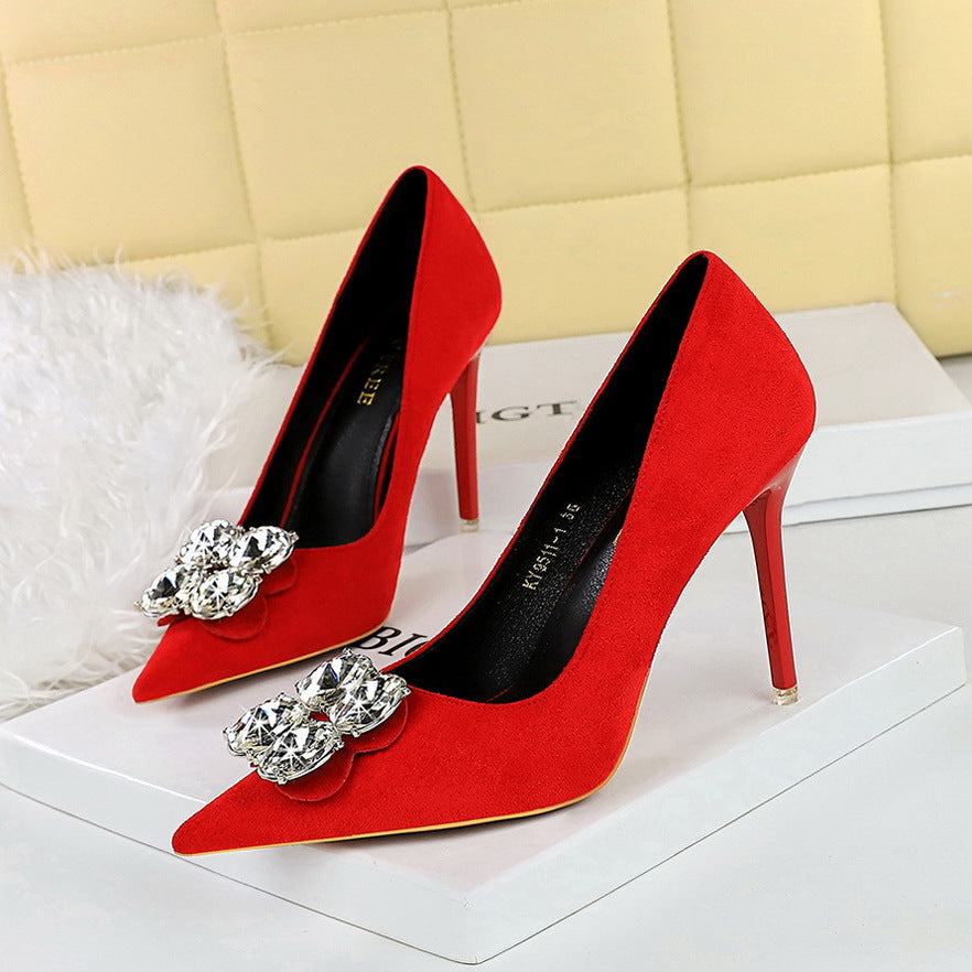 2025 9511-K59 Korean version of fashion banquet high heels stiletto ultra-high heel suede shallow mouth pointed rhinestone single shoes women's shoes