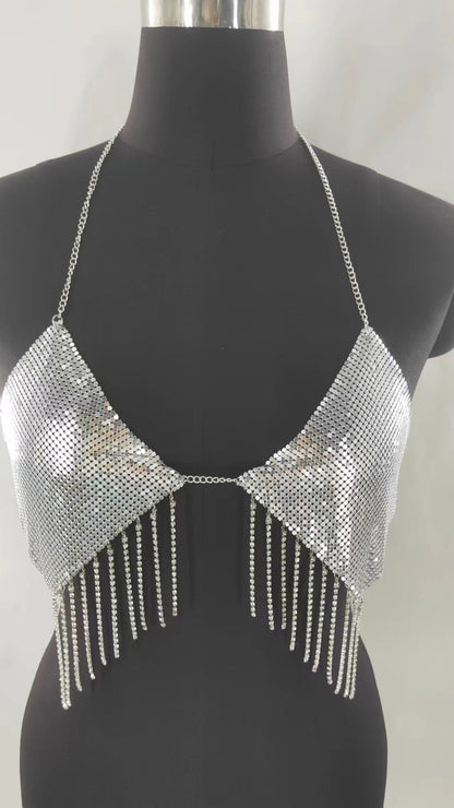 2025  MW3053 2025 vest rhinestone inlaid sequined diamond cloth fringed chain pendulum chain neck top small vest body chain