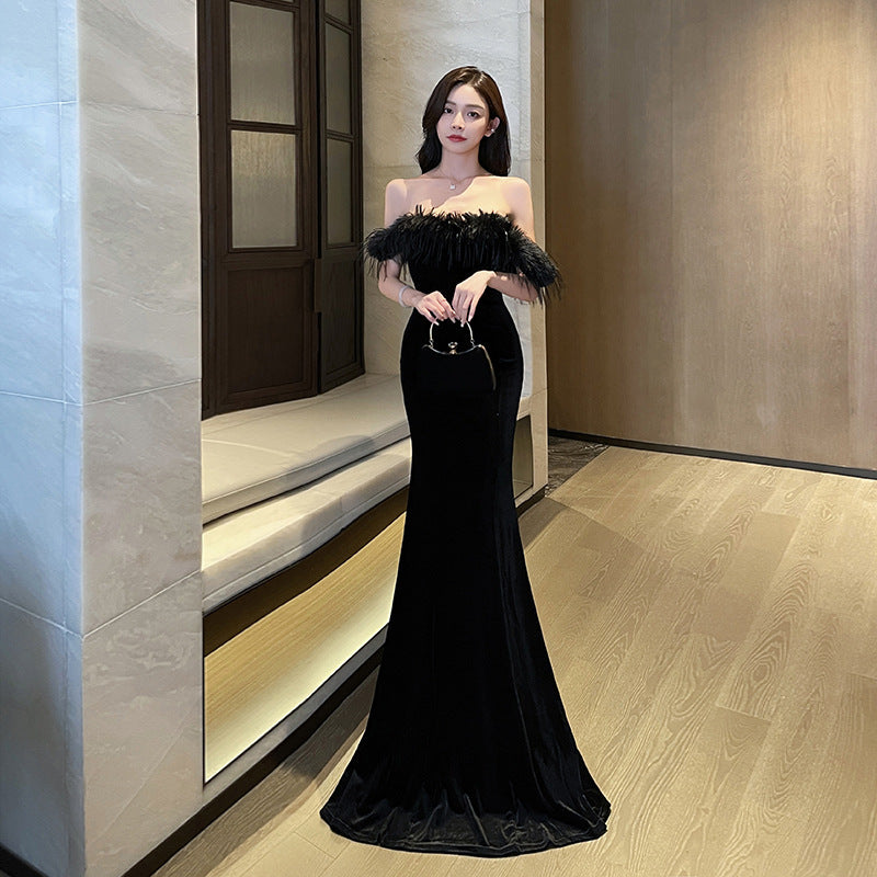 Fur Collar Sexy Tube Top Package Hip Mopping Floor Female Dress Elegant Backless Night Show Dress Car Model Annual Party Evening Dress