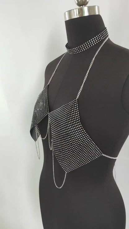 2025  MW3046 2025 vest rhinestone inlaid with wavy tassel metal chain pendant diamond cloth collar small vest body chain