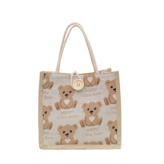 VAKKV Bear linen tote bag women go out handbag  Internet celebrities ins Japanese small satchel student shoulder bag tide