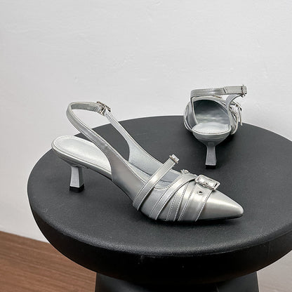 2025 Cowhide version~ Silver pointed half slippers women's outer wear belt buckle bag head cool slippers high heel leather muller shoes women