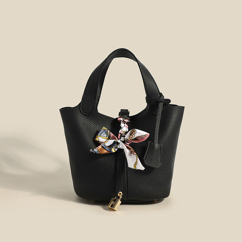 2025 popular New Women's Bag Lychee Pattern Soft Leather Vegetable Basket Bag Fashion Shoulder Bag Simple Versatile Handbag Bucket Bag