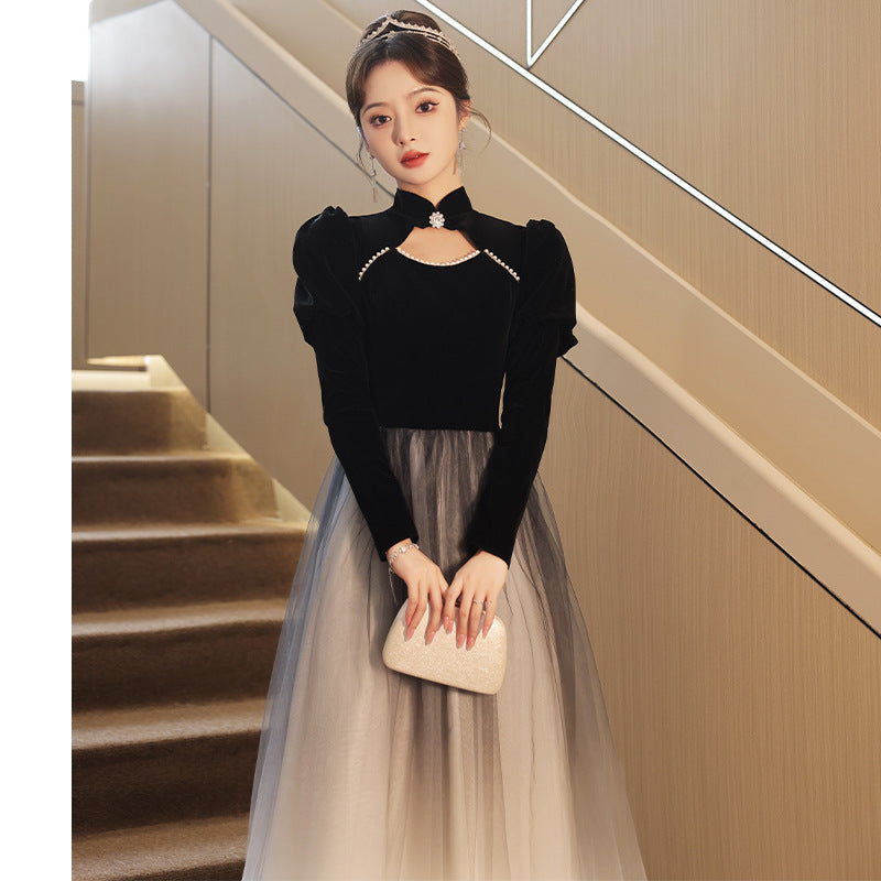 VAKKV Black Banquet Evening Dress for Women  New Art Exam Host Annual Party Dress Autumn and Winter Sense