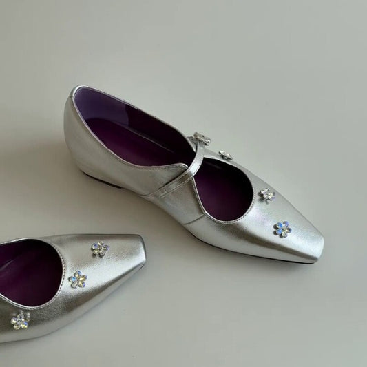 2025 Sheepskin version~  rhinestone flower inner height increase Mary Jane shoes new fashion leather word with shallow mouth single shoes