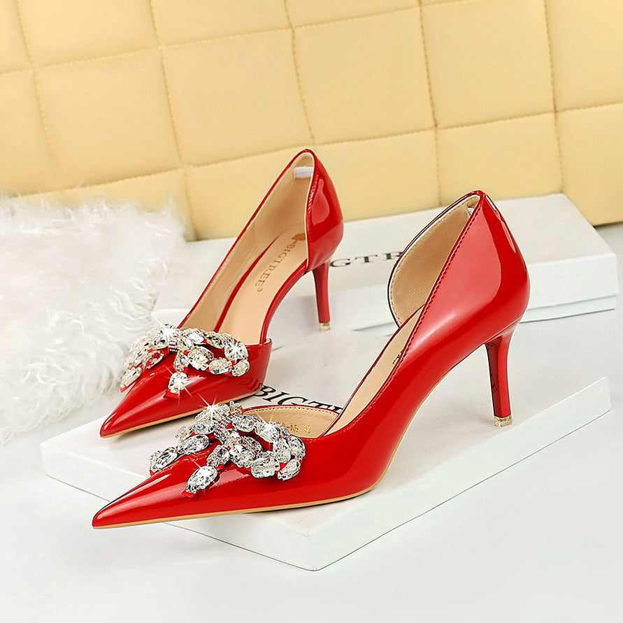 2025 638-AH19  light luxury banquet women's shoes high heel thin heel shallow mouth pointed side hollow rhinestone bow single shoes