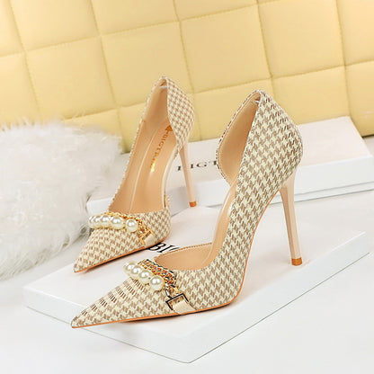 2025 8829-1 [Customized] High heels plaid pattern side hollow thousand bird grid pearl metal chain super high heel single shoes