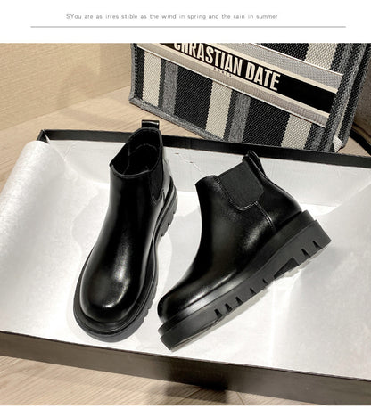 2025 Cowhide version~ New inner height-increasing Martin boots women's British style velvet short tube thick-soled Chelsea short boots cigarette boots
