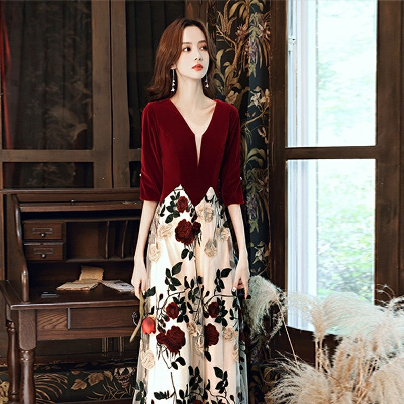VAKKV Plus Size Toast Clothing New Autumn and Winter Wine Red Velvet 100.00kg Plump Girls Slim Fit Slimming Bride Wedding Family Visiting Shoes