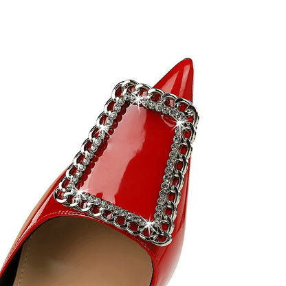 2025 6122-8K66  banquet high heels women's shoes glossy patent leather shallow mouth pointed metal large rhinestone buckle single shoes