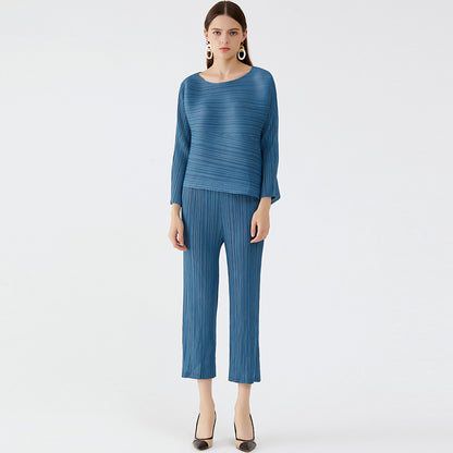 Spring and summer temperament two-piece women's suit new women's crew neck top long-sleeved pleated casual pants two-piece set