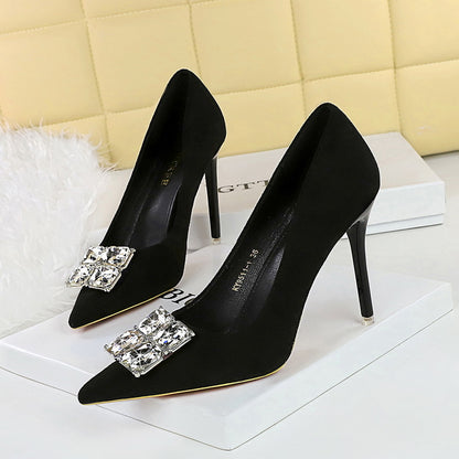 2025 9511-K58 banquet women's shoes, high heels, fine heel, suede, shallow mouth, pointed head, square rhinestone buckle, super high heel single shoes women