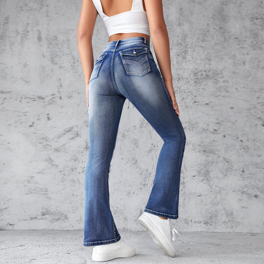 VAKKV popular new 2025 embroidery high-waisted washed fashion flared pants trousers women's jeans women's spot