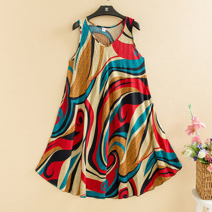 Large Size Bourette Vest Dress Summer New Ethnic Style Women's Clothing Artistic Retro Printing Sleeveless Swing Long Dress