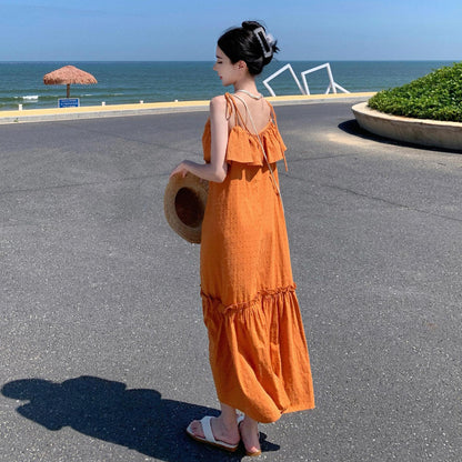 2025 fungus edge suspender dress summer Sanya travel seaside vacation temperament loose orange beach dress