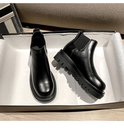 2025 Cowhide version~ New inner height-increasing Martin boots women's British style velvet short tube thick-soled Chelsea short boots cigarette boots